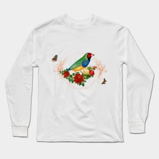 Red Head Finch standing in red Roses with Butterflies surrounded Long Sleeve T-Shirt